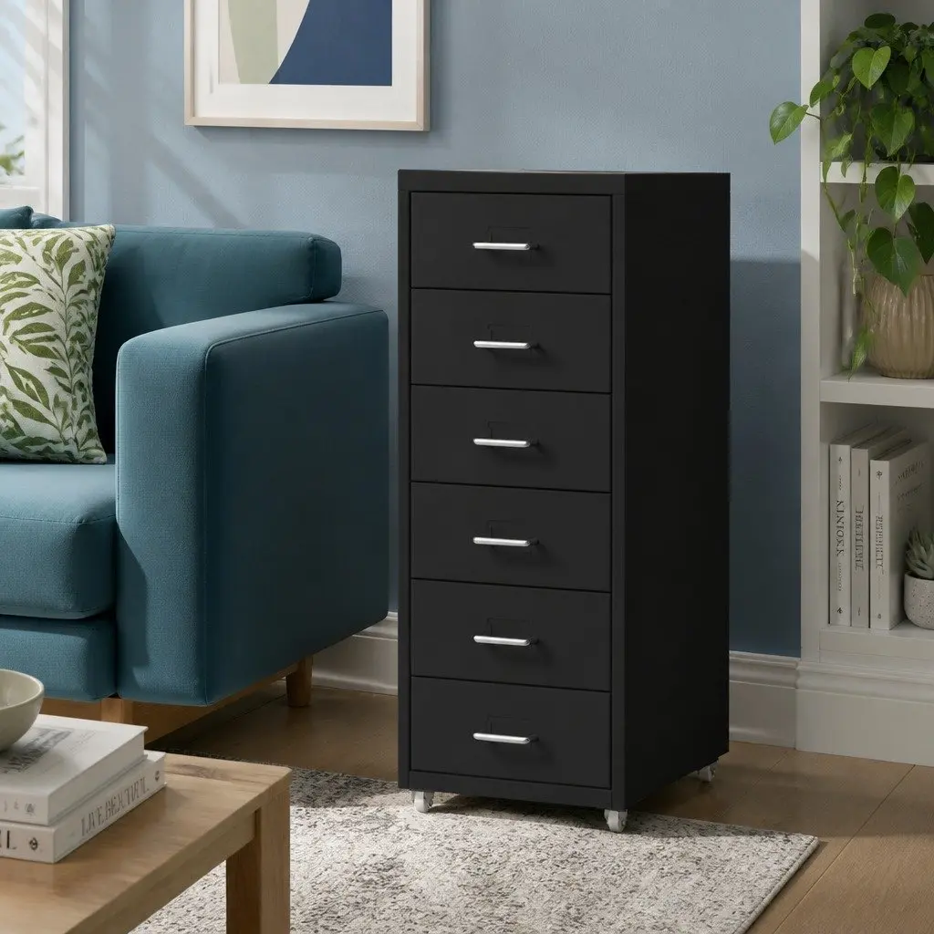 Steel Filing Cabinet Office Organizer Black Compact Six Drawer Storage