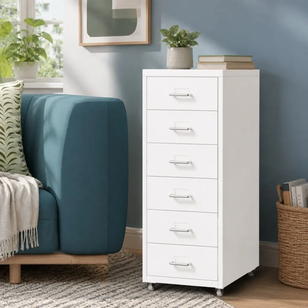 6 Drawer Filing Cabinet Steel Frame White Compact Organizer for Office Storage