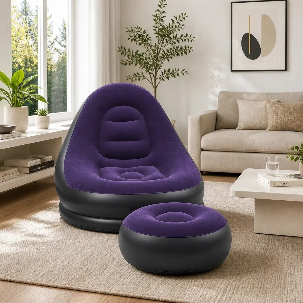 Inflatable Chair with Ottoman Air Sofa Blow Up Seat for Camping Lounging Purple