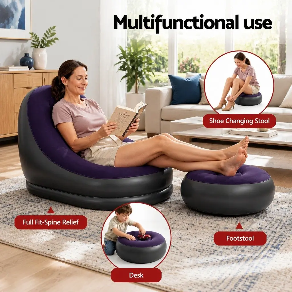 Inflatable Chair with Ottoman Air Sofa Blow Up Seat for Camping Lounging Purple