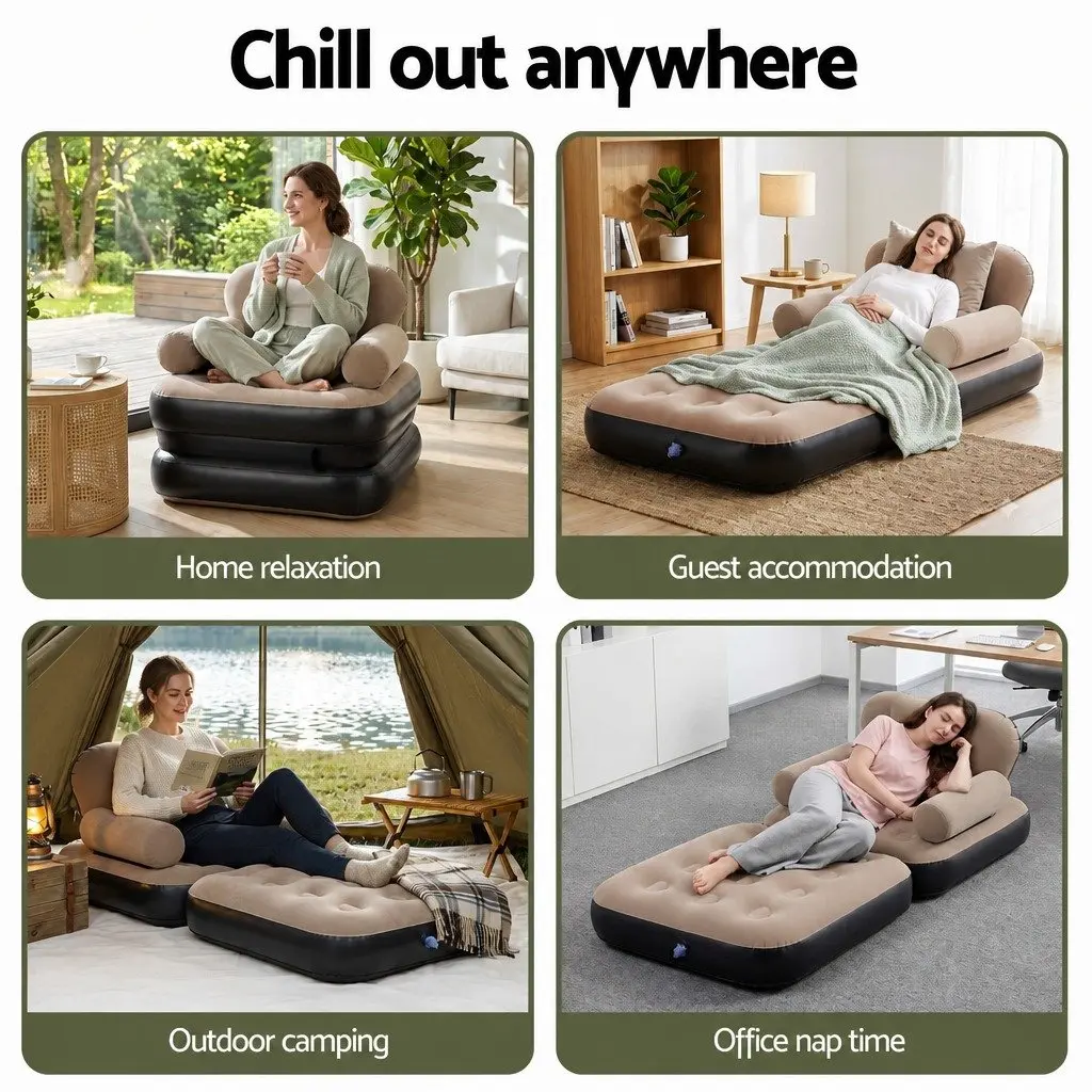 Inflatable Air Chair Sun Lounge Convertible Daybed Camping Sofa with Foot Pump