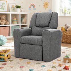 Kids Recliner Chair in Grey Linen with Built-In Cup Holder