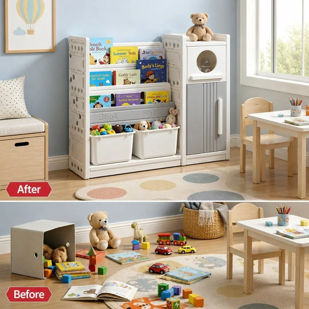 Kids Bookshelf Toy Organizer Removable Bins 3-Tier White Grey Storage Cabinets 115x31.5x97cm