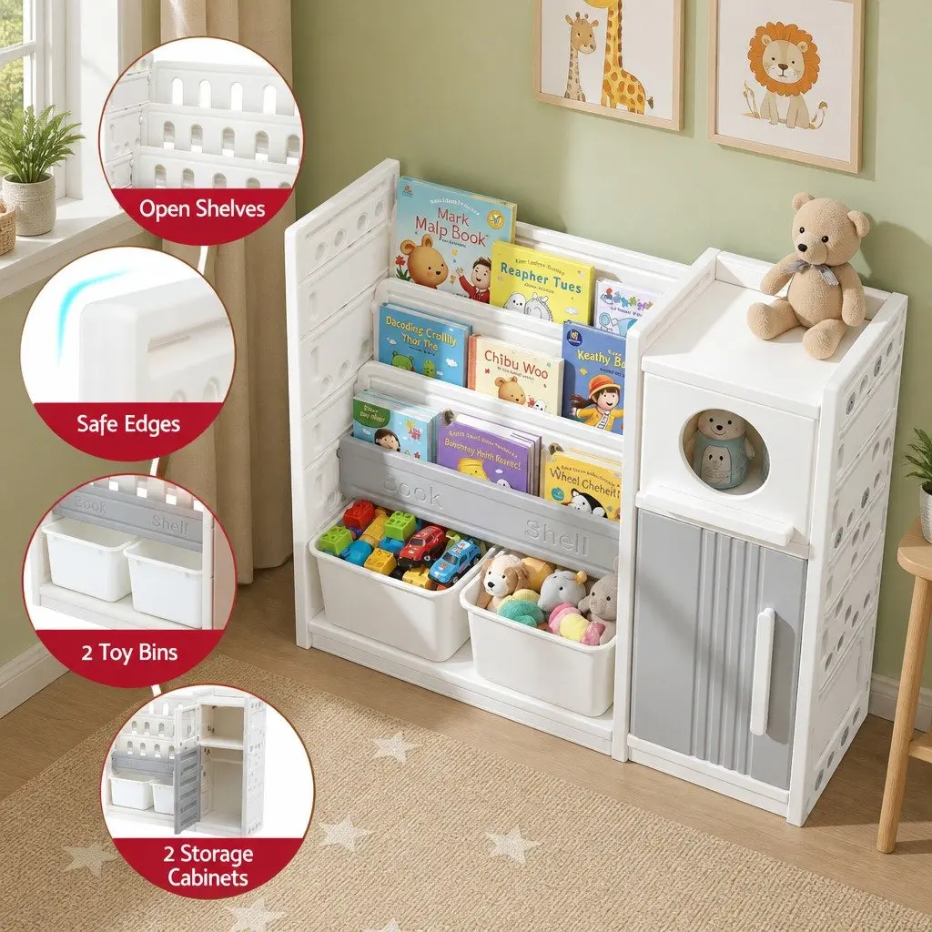 Kids Bookshelf Toy Organizer Removable Bins 3-Tier White Grey Storage Cabinets 115x31.5x97cm