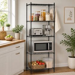Adjustable 5-Tier Metal Kitchen Shelf Storage Rack - Black