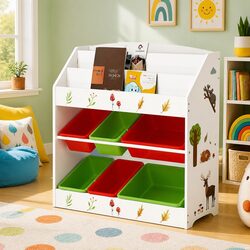Kids Bookshelf 3-Tier Organiser with Removable Storage Boxes