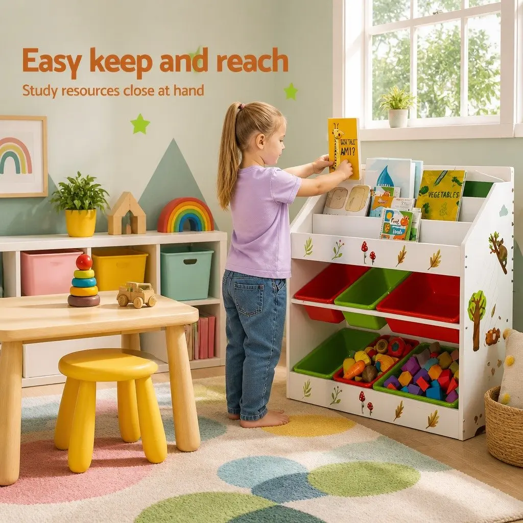 Kids Bookshelf 3 Tier Storage Organiser with Removable Boxes Multicolour