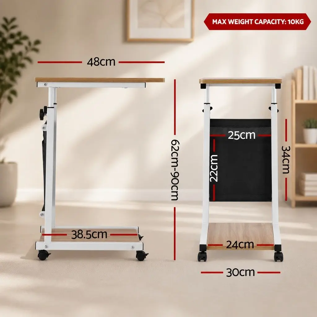 Mobile Laptop Desk Height Adjustable Portable Oak White C-shaped Frame