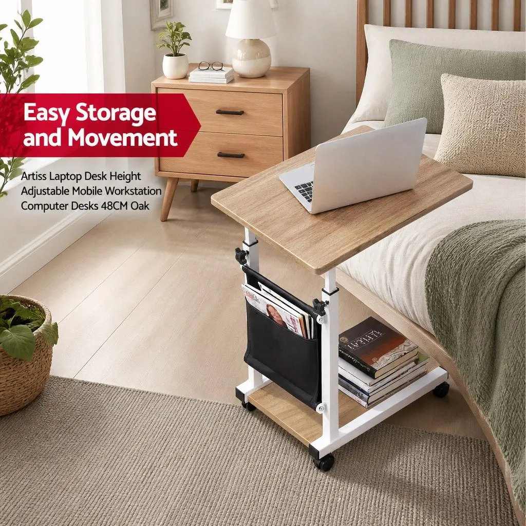 Mobile Laptop Desk Height Adjustable Portable Oak White C-shaped Frame
