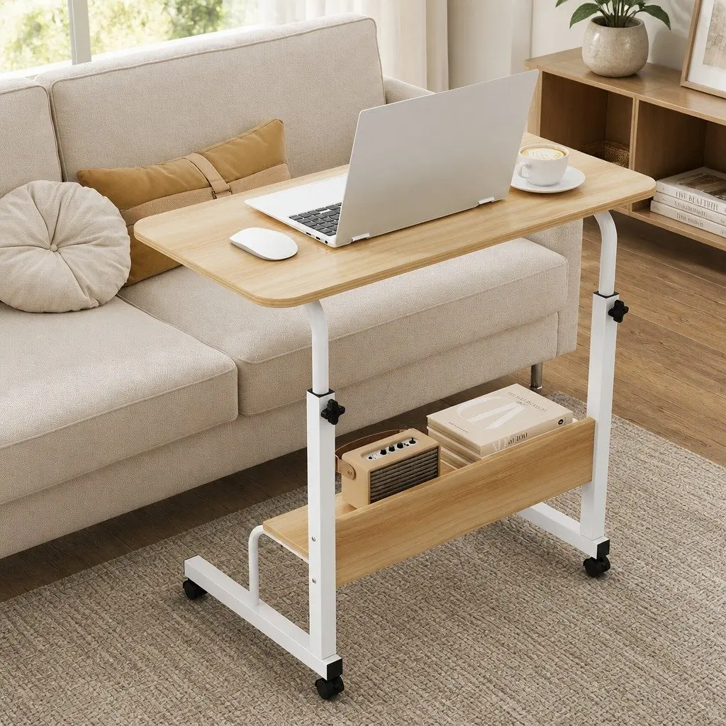 Laptop Stand Height Adjustable Portable Walnut Colour Mobile Workstation with Caster Wheels