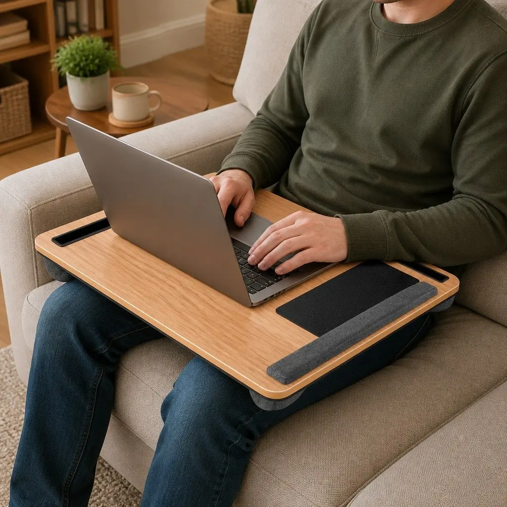 Lap Desk Portable Walnut Colour with Wrist Support Phone Slot Mouse Area 55cm