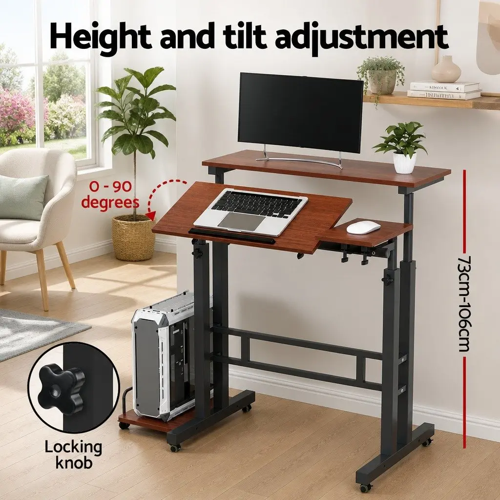Mobile Desk Adjustable Height Tilt Portable Dark Wood