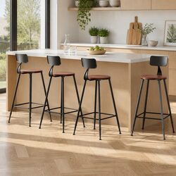 4 Industrial Bar Stools with Steel Frame and Pinewood Seat