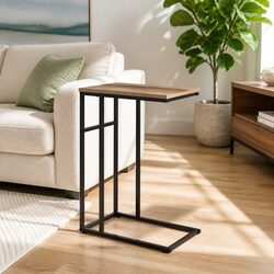 Compact C-Shape Side Table with Steel and Wood Construction