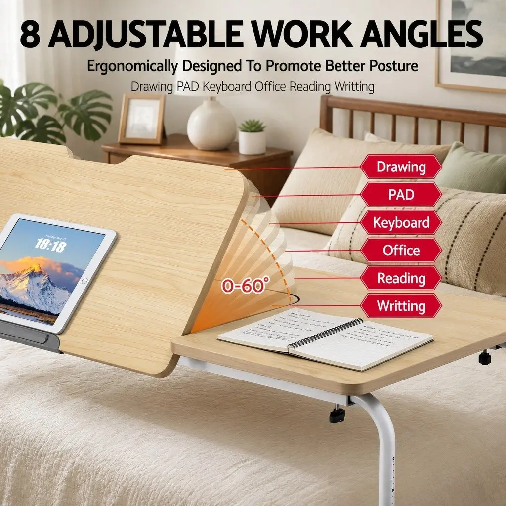 Adjustable Natural Mobile Laptop Desk Overbed Table Ergonomic Size 60x120cm