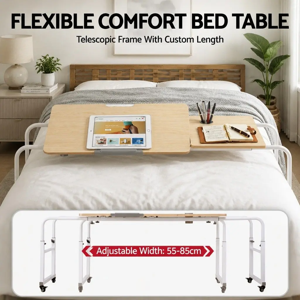 Adjustable Natural Mobile Laptop Desk Overbed Table Ergonomic Size 60x120cm