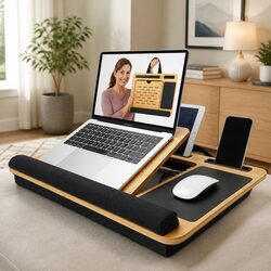 Adjustable Bamboo Laptop Lap Desk with Cushion Pads