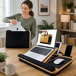 Bamboo Laptop Lap Desk with Adjustable Angle and Cushion