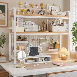 Metal Desktop Hutch Bookshelf with Grid Panel Design
