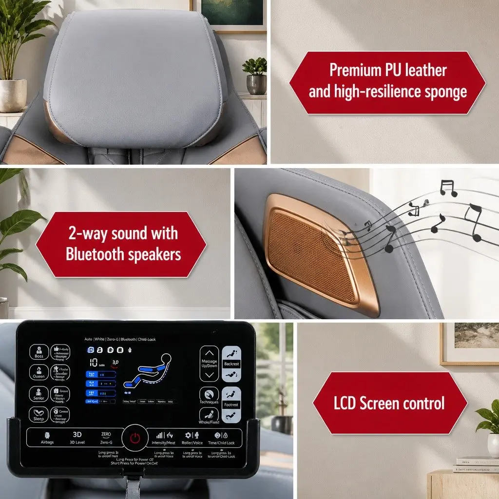 Electric Massage Chair Full Body Heat Therapy Bluetooth Speaker Grey