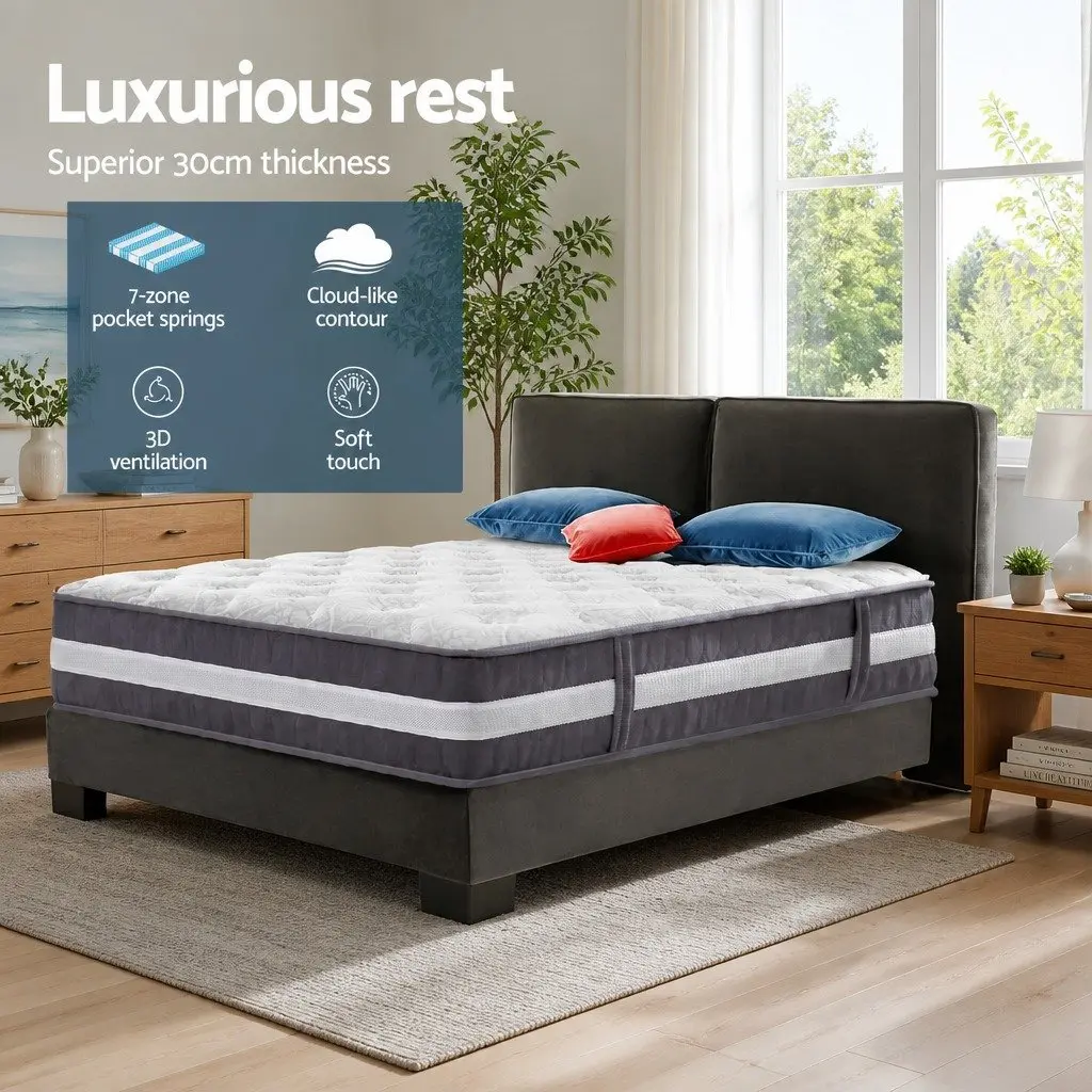 King Single Mattress Medium Firm 30cm Hypoallergenic White and Grey