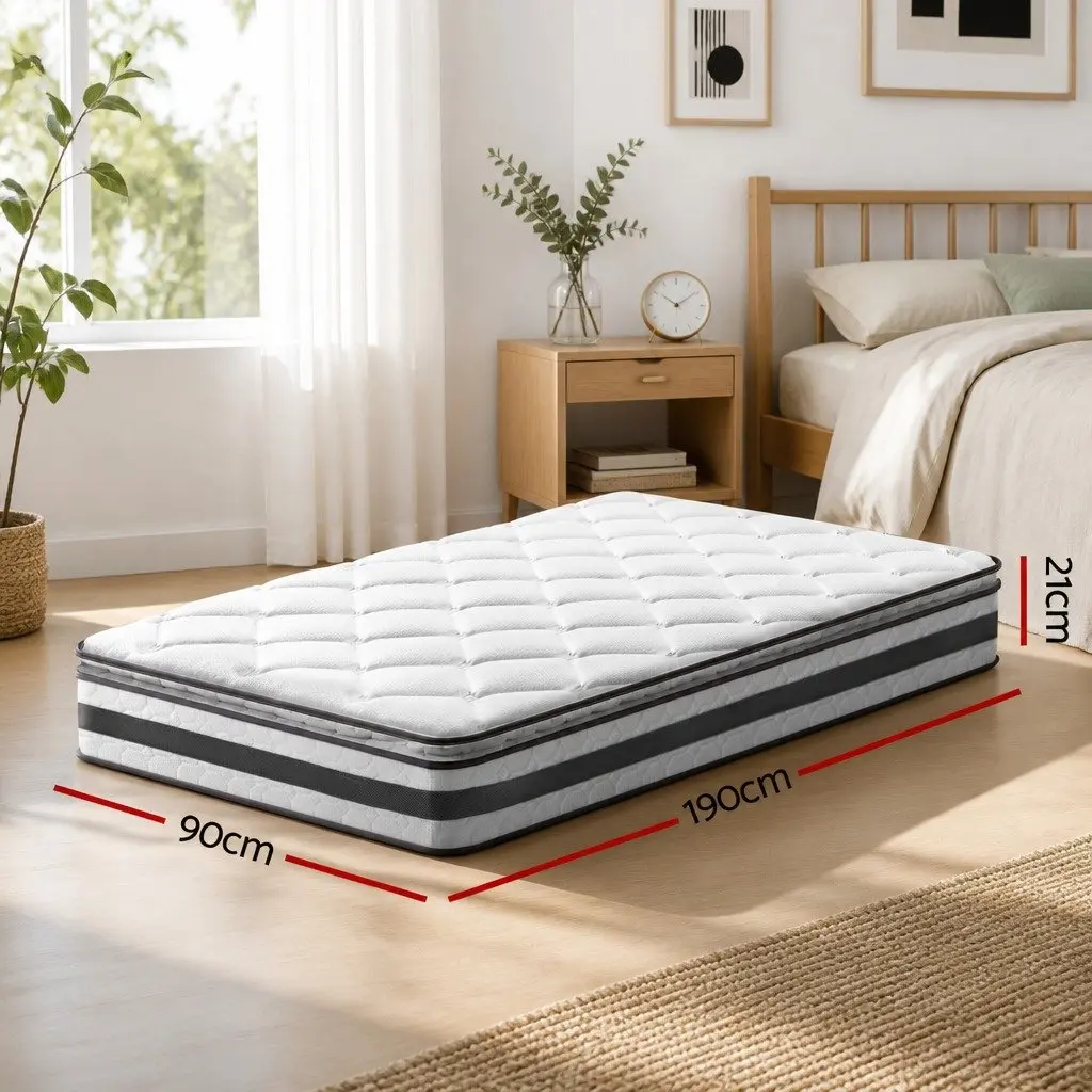 Single Mattress Medium Firm 21cm Pillow Top Bonnell Spring Breathable White