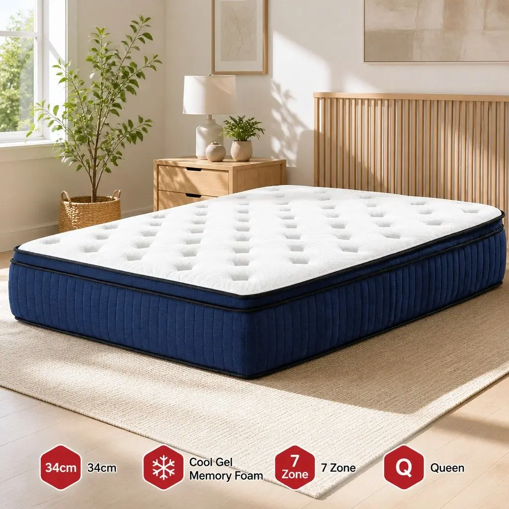 Queen Mattress Cool Gel Memory Foam 34cm Euro Top 7 Zone Pocket Spring White