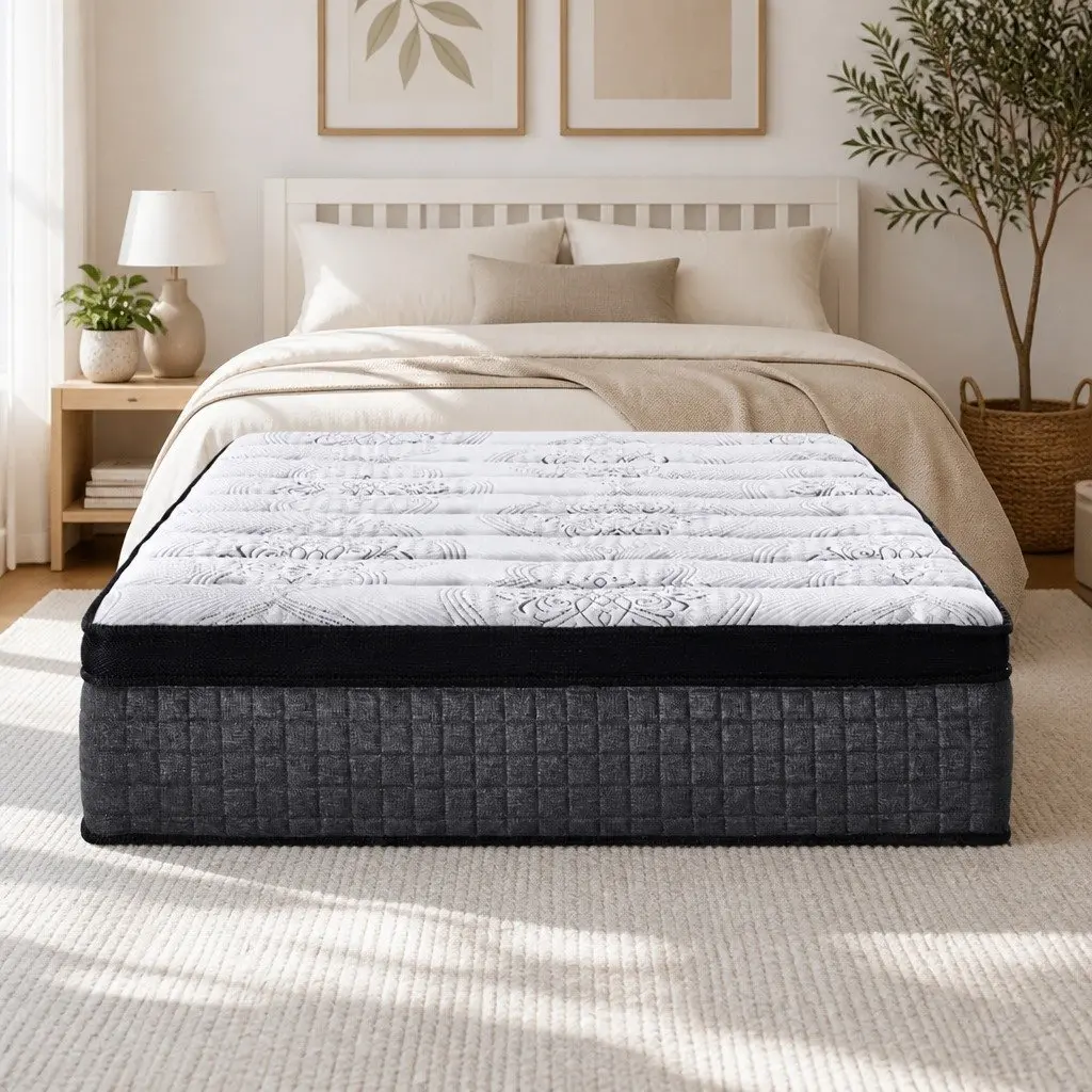 Single Mattress Medium Firm 34cm Euro Top 9 Zone Pocket Spring White Black Grey