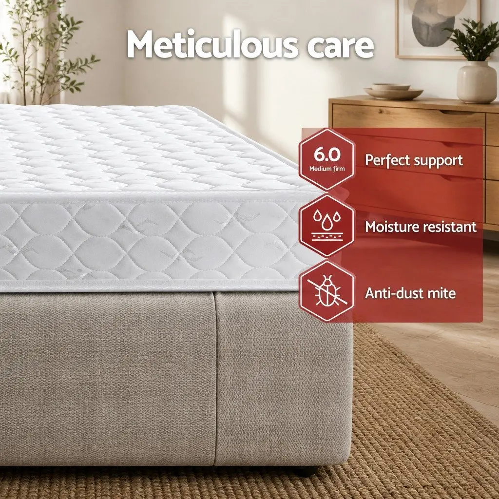 King Single Mattress Medium Firm 13cm White Bonnell Spring Tight Top