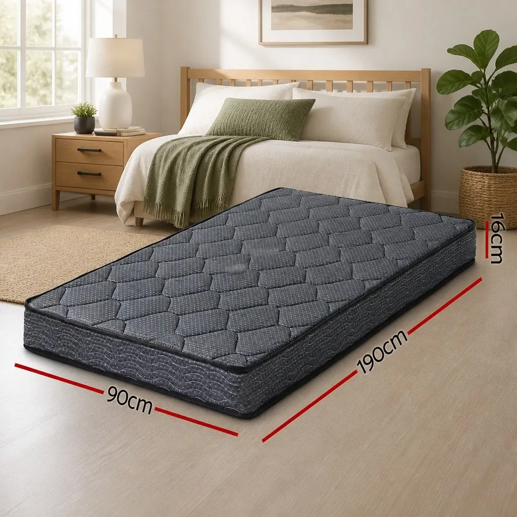 Single Mattress Grey 16cm Medium Firm Support Bonnell Spring Tight Top