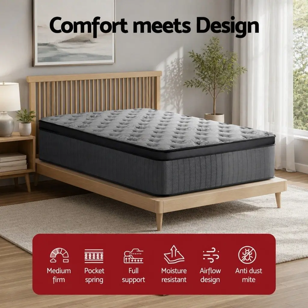 King Single Mattress Medium-Firm 34cm Euro Top Grey