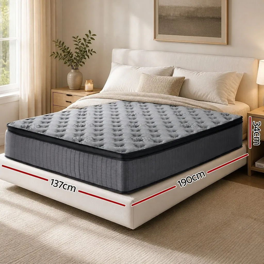Double Mattress Medium-Firm Grey 34cm Euro Top Pocket Spring Gel Memory Foam