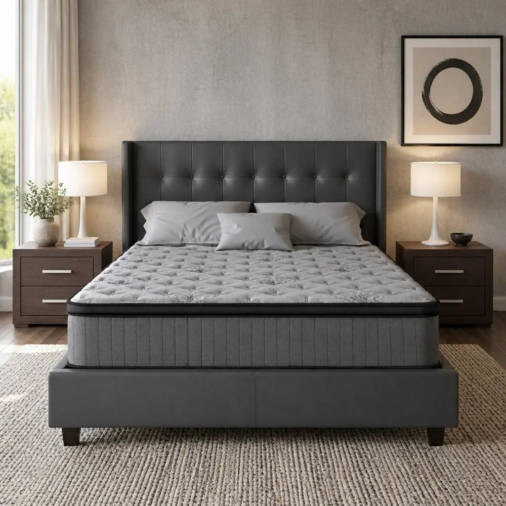 Queen Mattress Medium Firm Support 34cm Grey Euro Top Pocket Spring