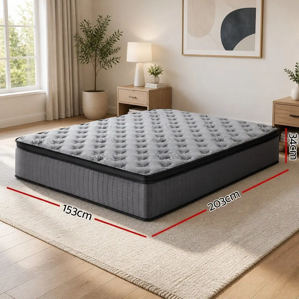 Queen Mattress Medium Firm Support 34cm Grey Euro Top Pocket Spring