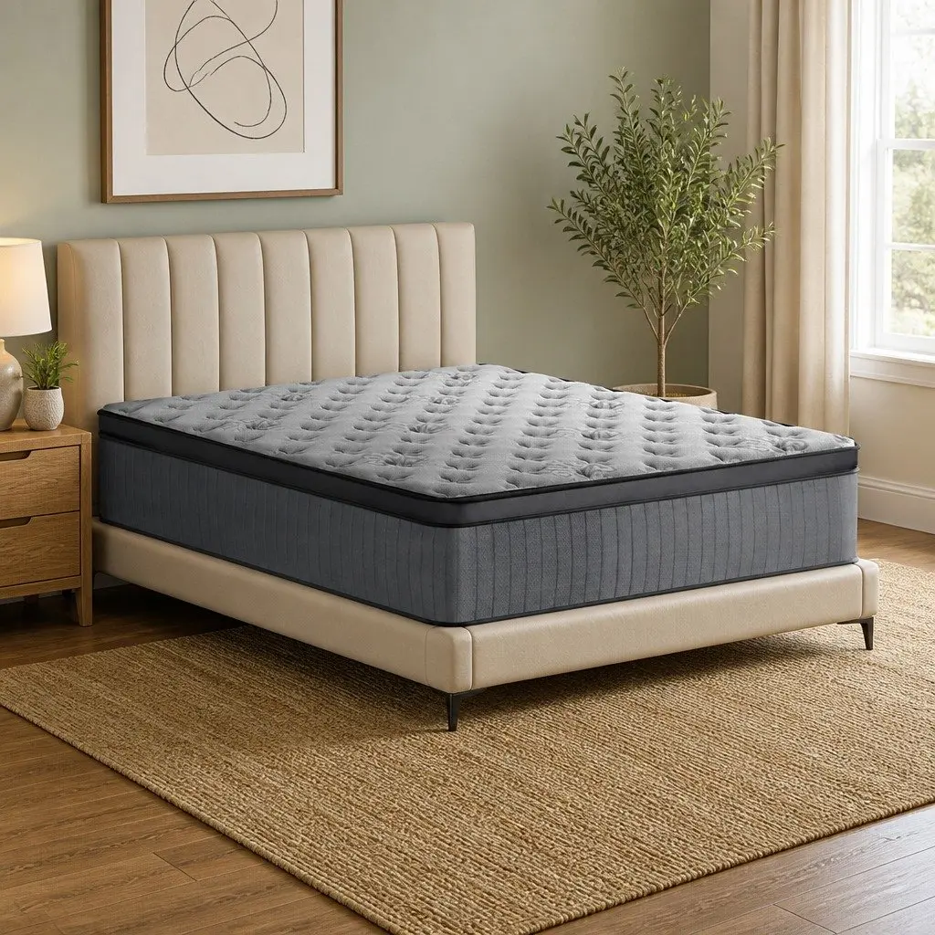 Queen Mattress Medium Firm Support 34cm Grey Euro Top Pocket Spring