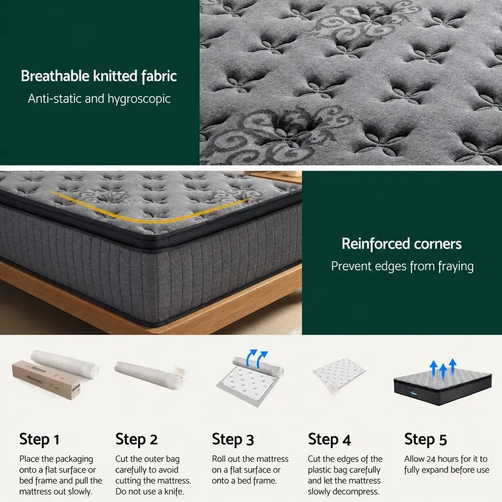 Queen Mattress Medium Firm Support 34cm Grey Euro Top Pocket Spring