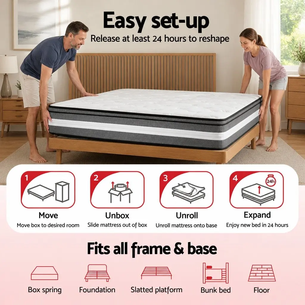 Queen Mattress 30cm Gel Foam Pocket Spring Euro Top Medium Firm Grey