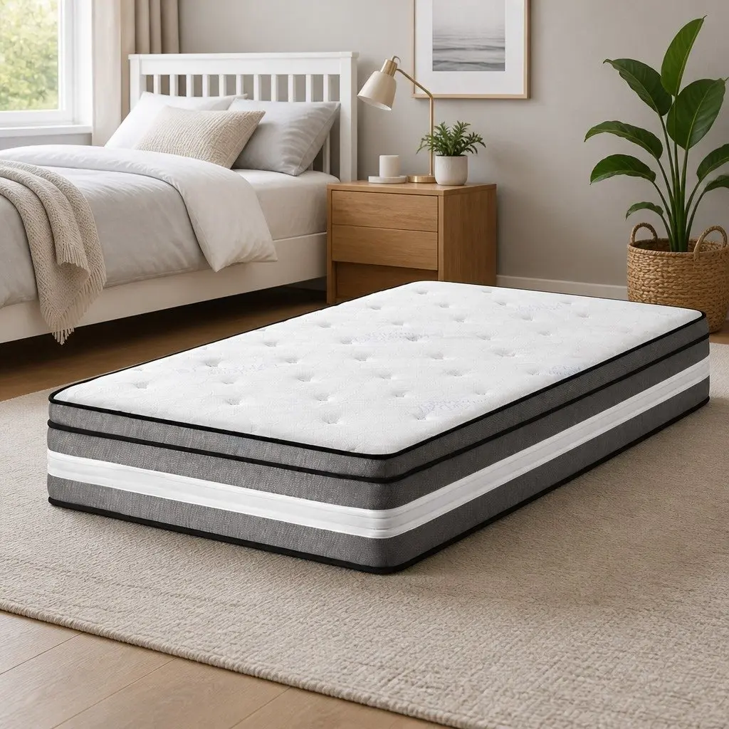 Single Mattress Medium Firm Support Grey Euro Top 30cm Gel Memory Foam Pocket Spring