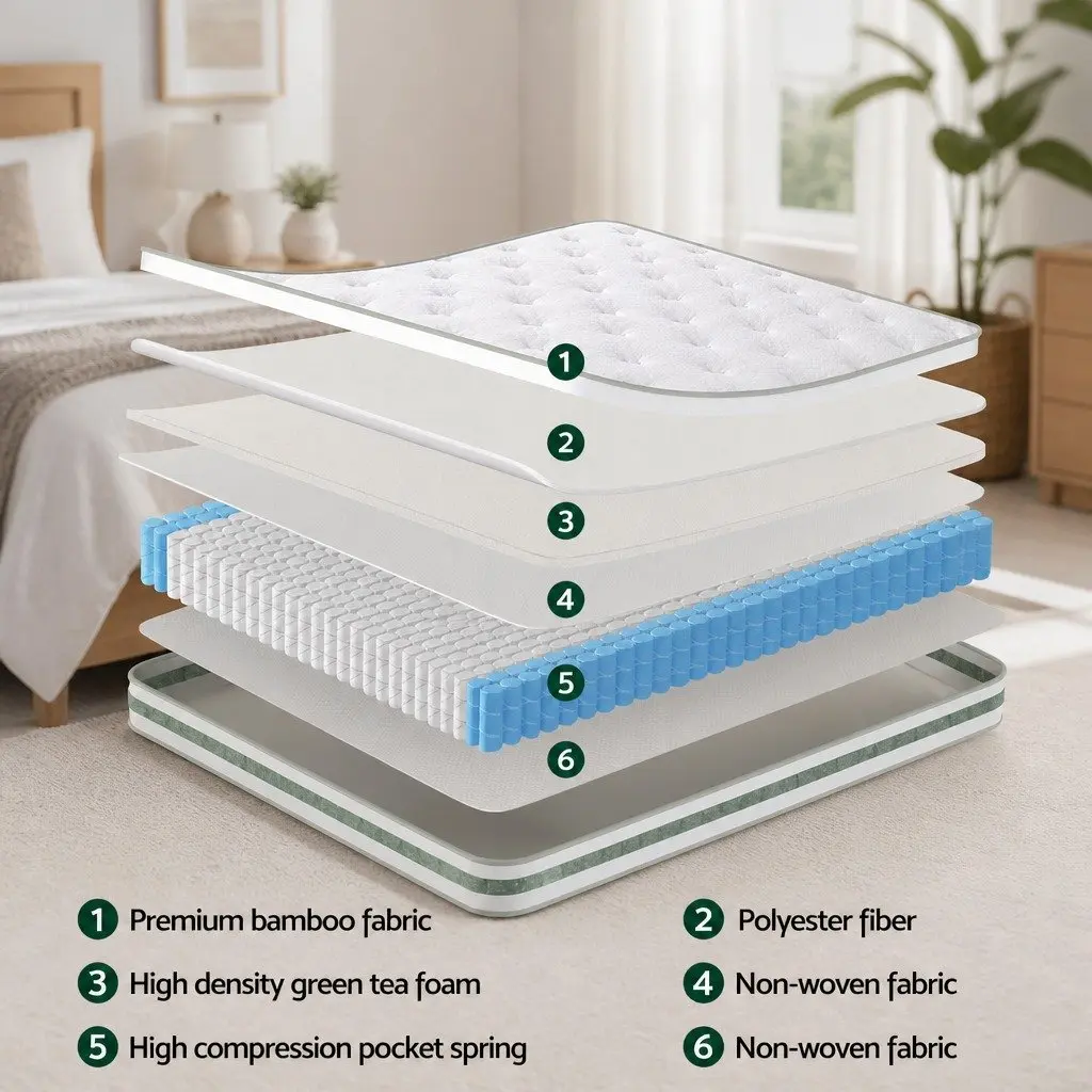 King Size Mattress with Euro Top Green Tea Foam 20cm Medium Firm Pocket Spring