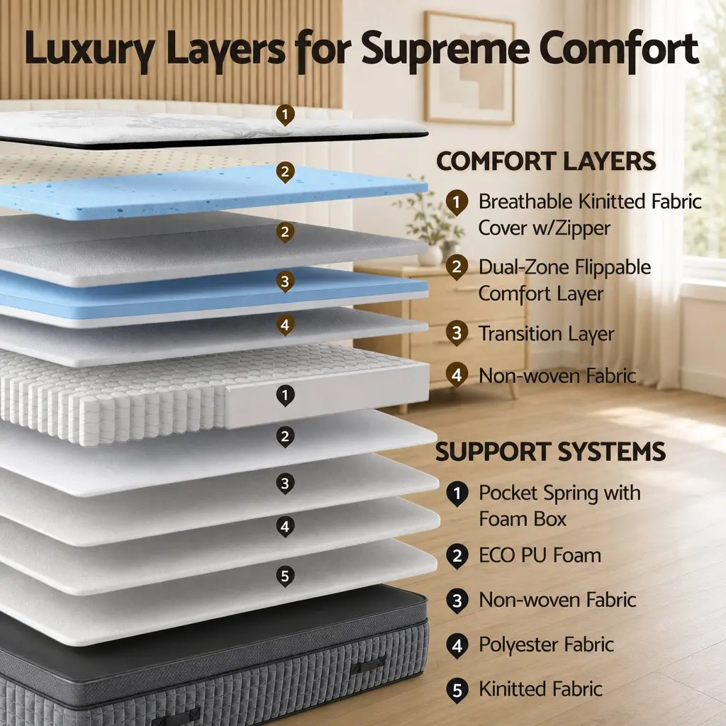 Queen Mattress Dual Zone Flippable Comfort 37cm White and Grey
