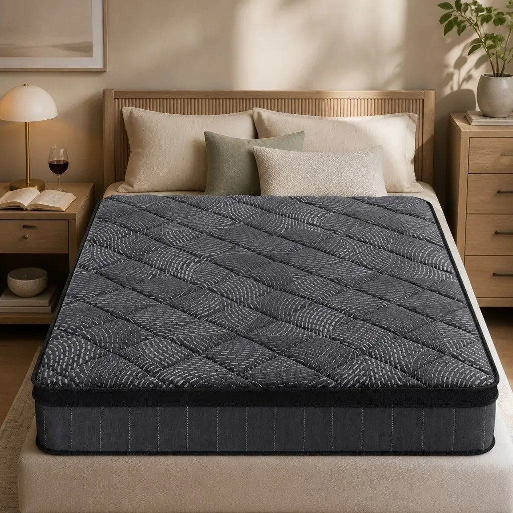 Queen Mattress Medium Firm Support 25cm Black Pocket Spring Latex Euro Top