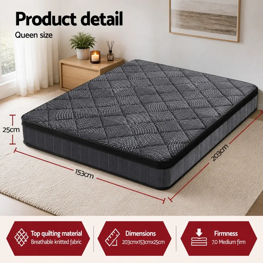Queen Mattress Medium Firm Support 25cm Black Pocket Spring Latex Euro Top