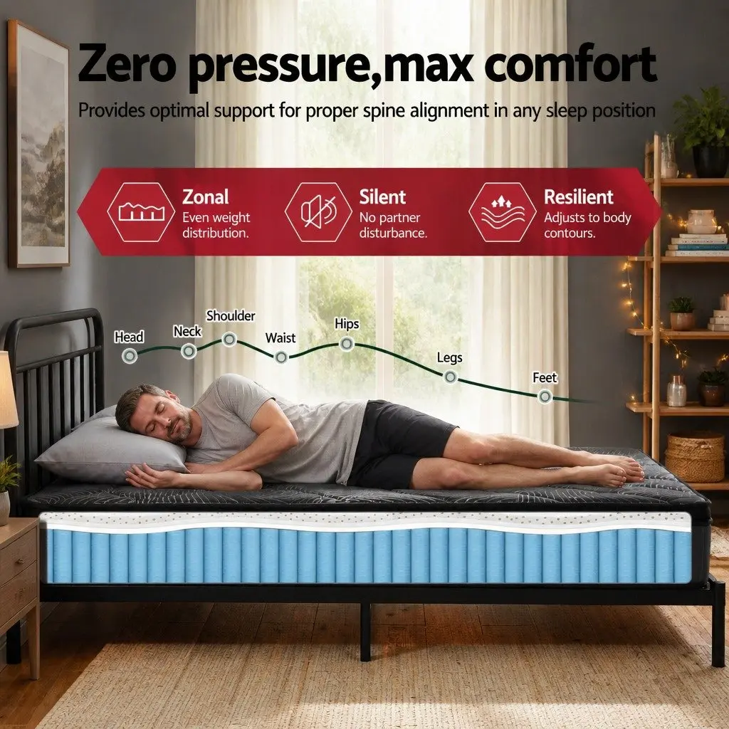 Queen Mattress Medium Firm Support 25cm Black Pocket Spring Latex Euro Top