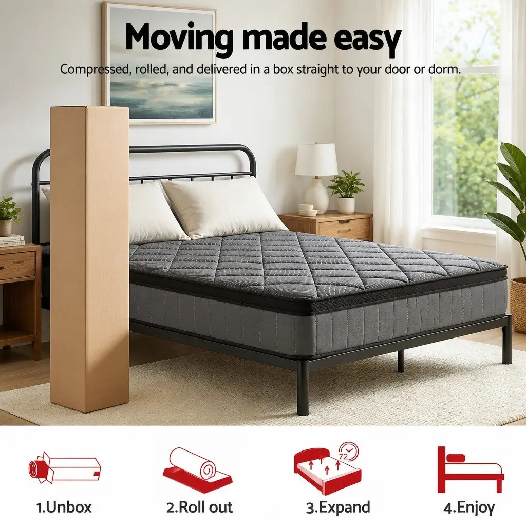Queen Mattress Medium Firm Support 25cm Black Pocket Spring Latex Euro Top