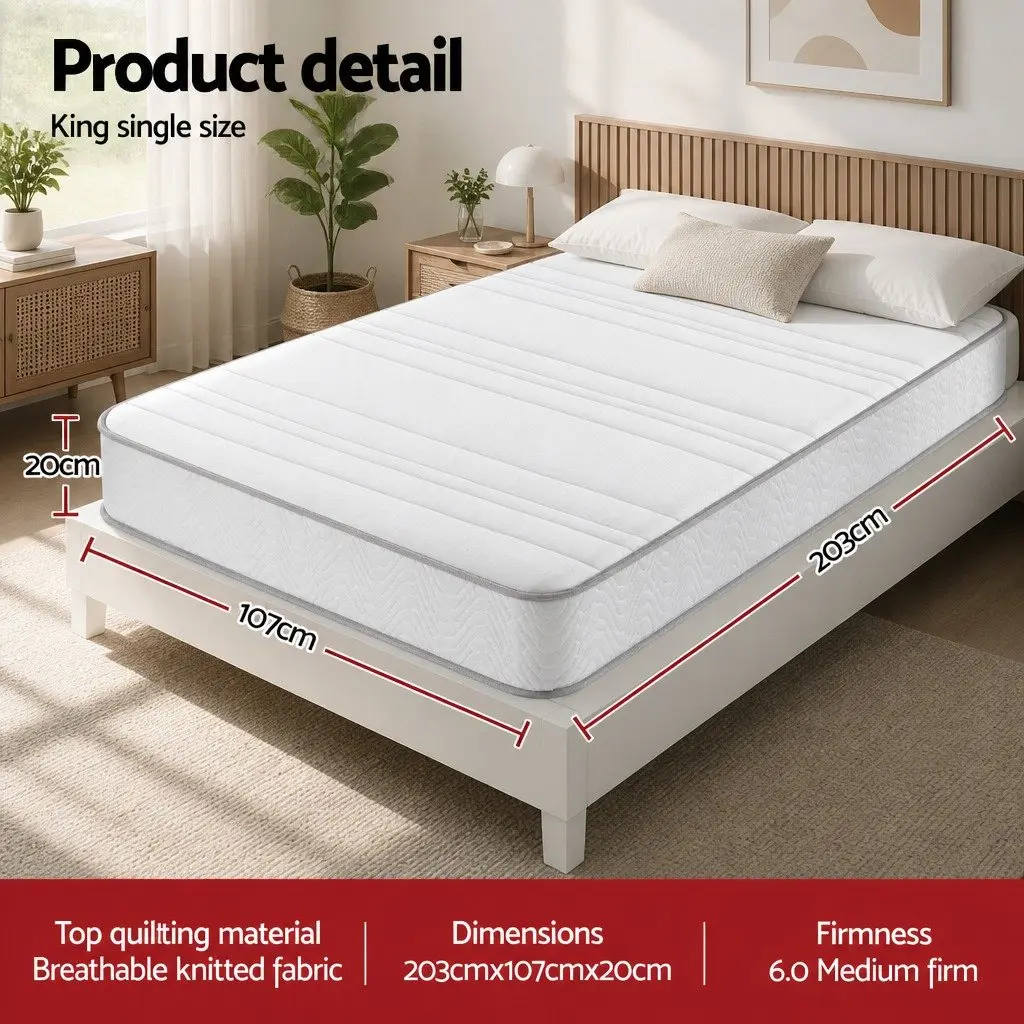 King Single Mattress Medium-Firm 20cm White Egg-Crate Foam Pocket Spring Tight Top