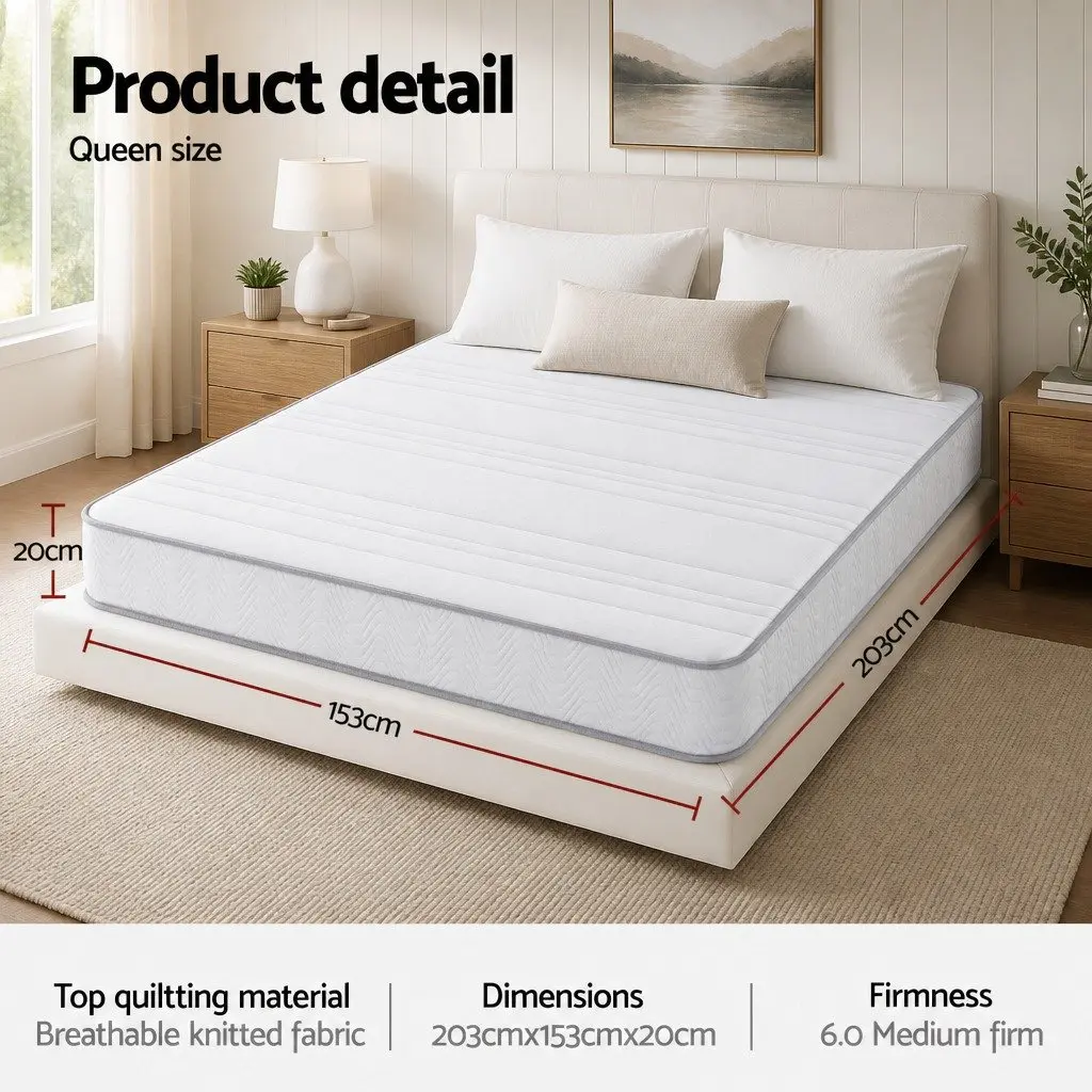 Queen Mattress Medium-Firm 20cm White Egg-Crate Foam Pocket Spring Reinforced Edge