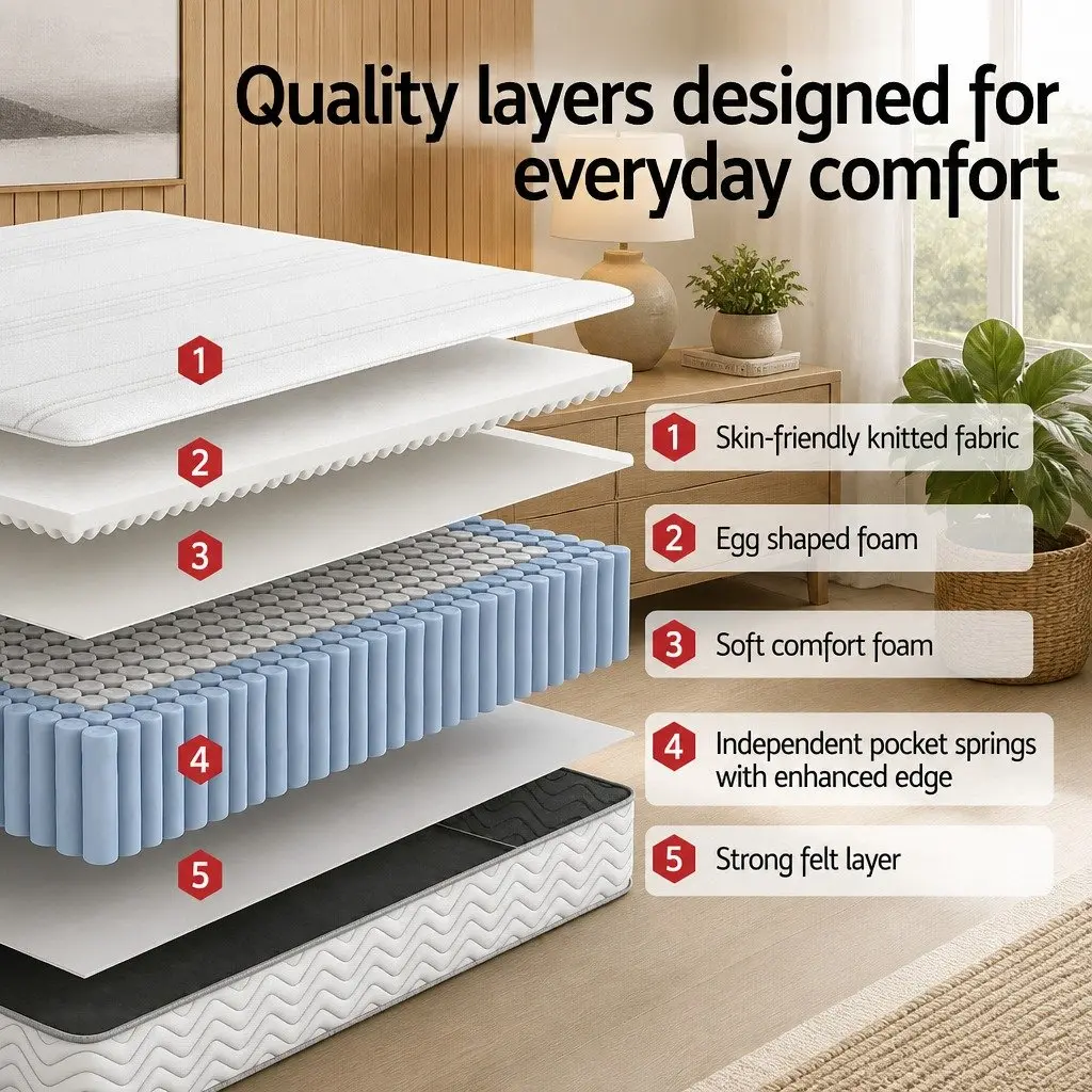 Queen Mattress Medium-Firm 20cm White Egg-Crate Foam Pocket Spring Reinforced Edge