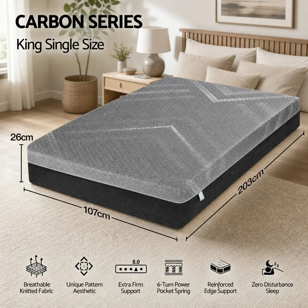 King Single Mattress Firm 26cm Grey Breathable