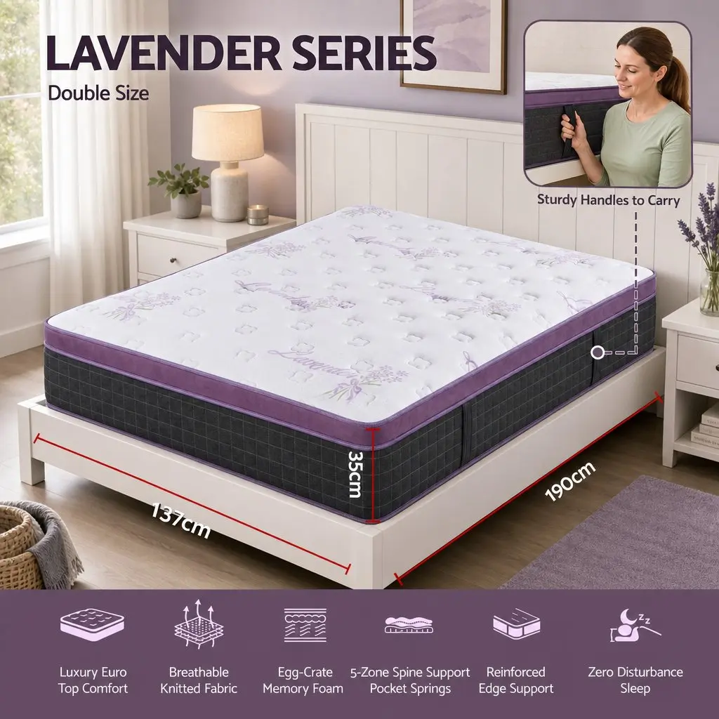 Double Mattress Firm Breathable Euro Top 35cm Pocket Spring Purple and Black with Edge Support