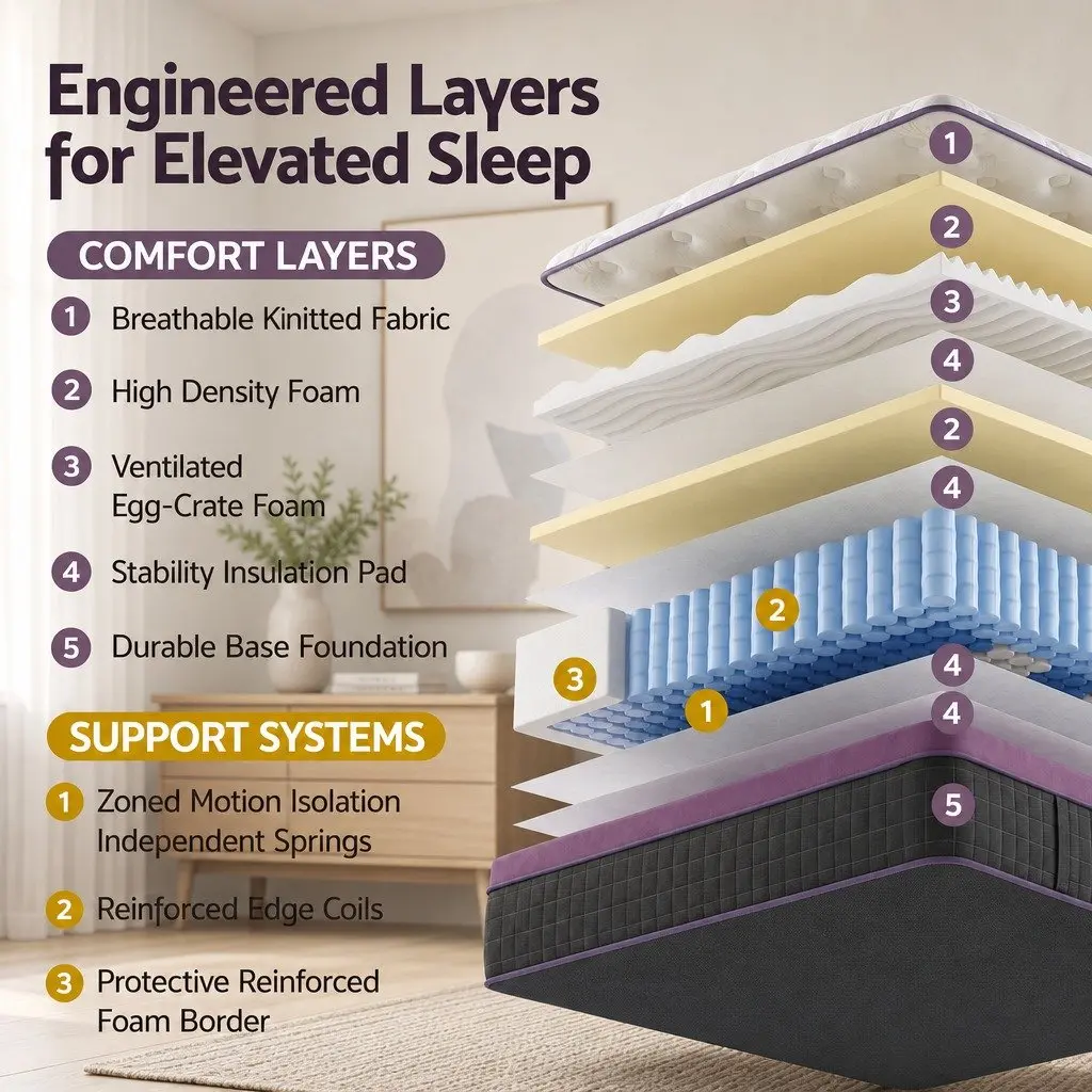 Double Mattress Firm Breathable Euro Top 35cm Pocket Spring Purple and Black with Edge Support